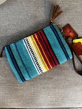 KLASSY COWGIRL Leather Multi-Striped Serape Blanket Zip Pouch Wristlet Clutch